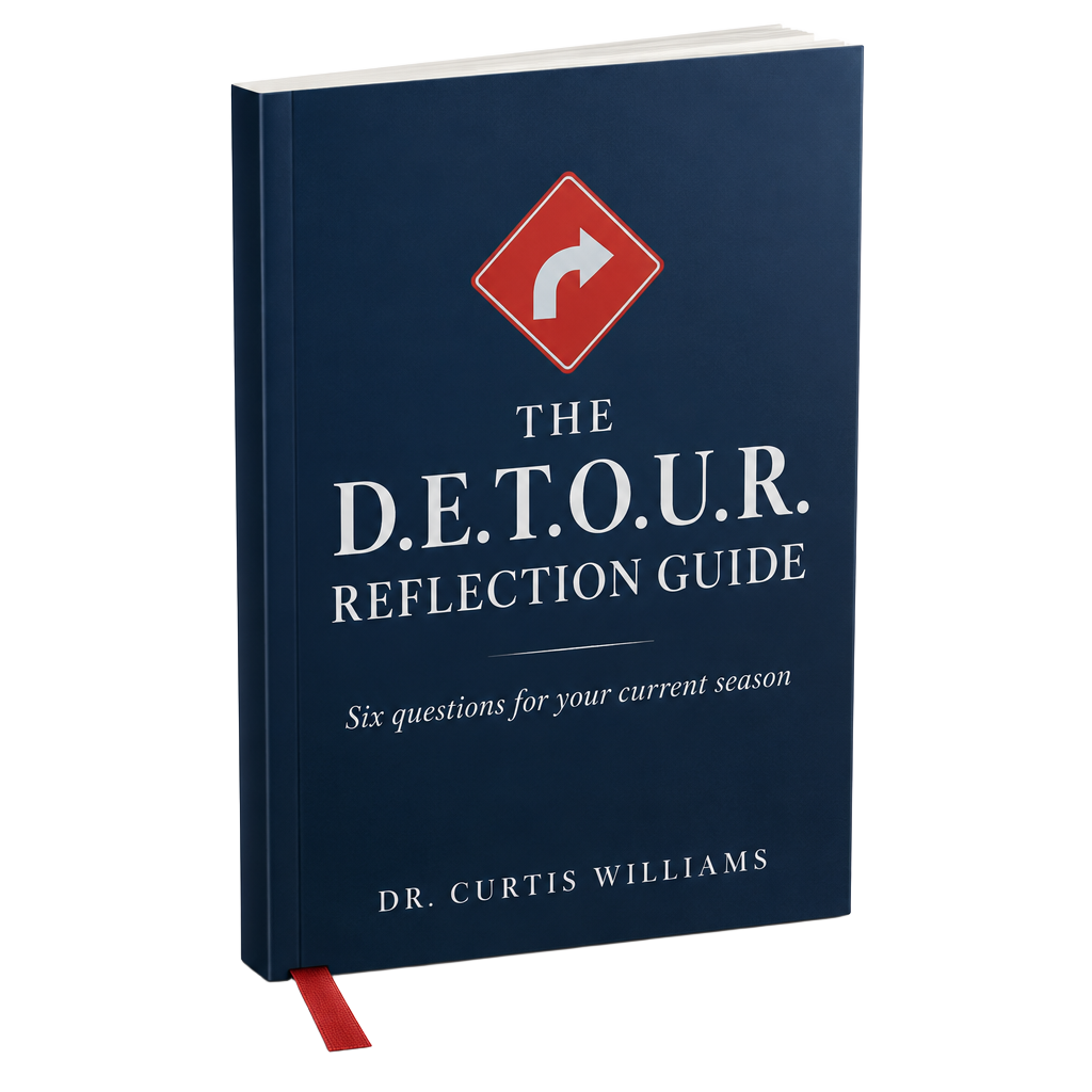 The D.E.T.O.U.R. Reflection Guide workbook with a navy cover and red detour sign