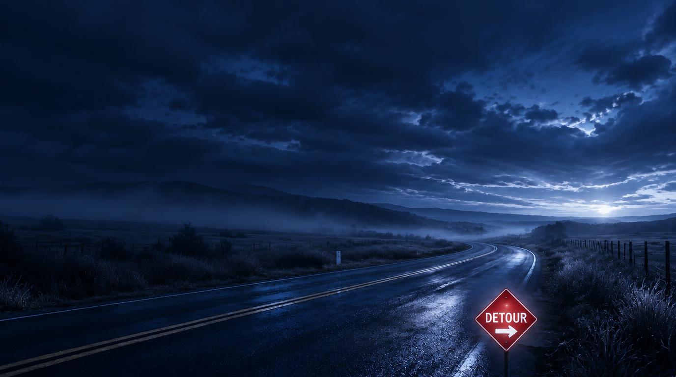 Winding road with a red detour sign at blue hour